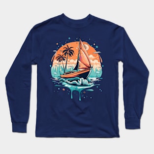 Colorful Watercolor Sailboat Retro Sunset Design Long Sleeve T-Shirt